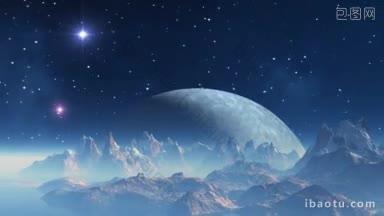 巨大的蓝月亮升起，因为<strong>夜空</strong>中有一颗奇妙的行星，地平线上闪烁着明亮的星星